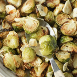 Air-fryer Brussels sprouts with garlic slices in a bowl, being scooped with a spoon.