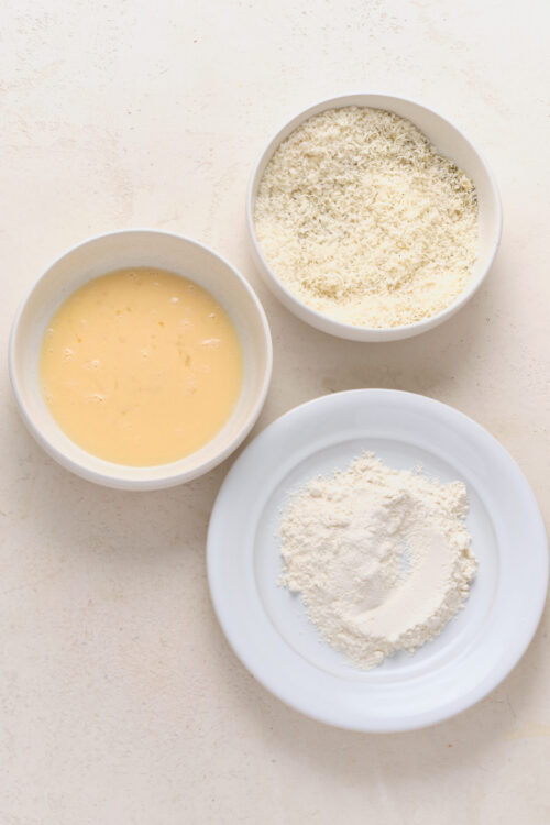 Flour, egg wash, and panko breadcrumbs for mozzarella sticks.