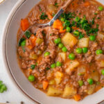 Hamburger Stew in a bowl shot from above