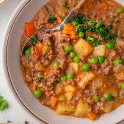 Hamburger Stew in a bowl shot from above