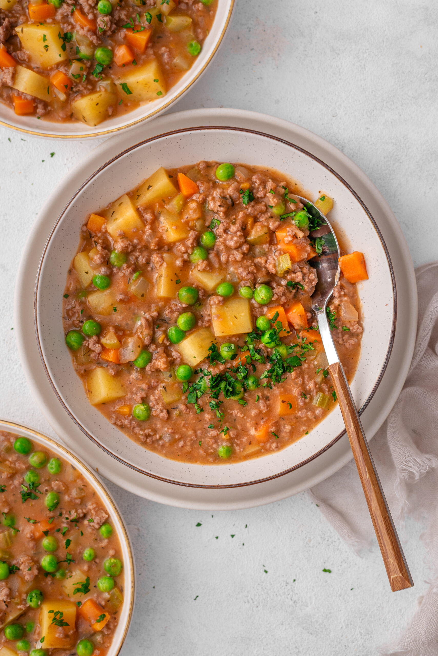 Hamburger Stew in a bowl shot from above