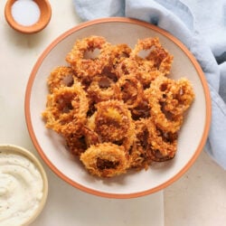 A plate of crispy golden-brown onion rings, served with dipping sauce and salt.