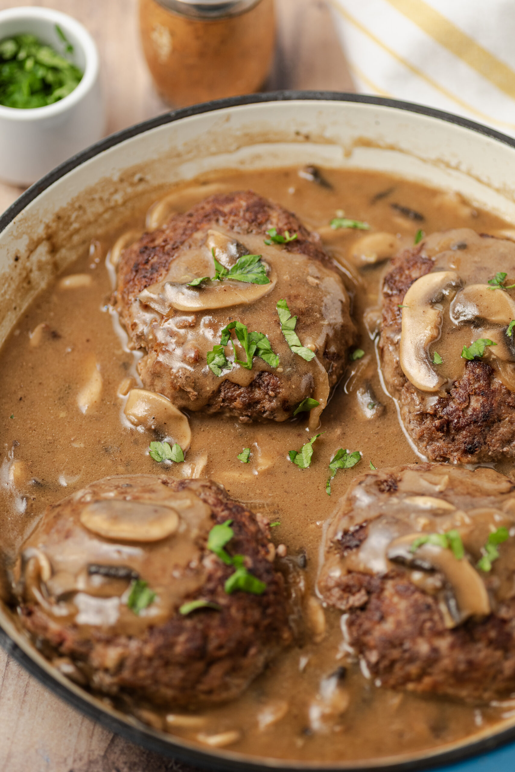 Salisbury Steak Recipe in a plate close up shot