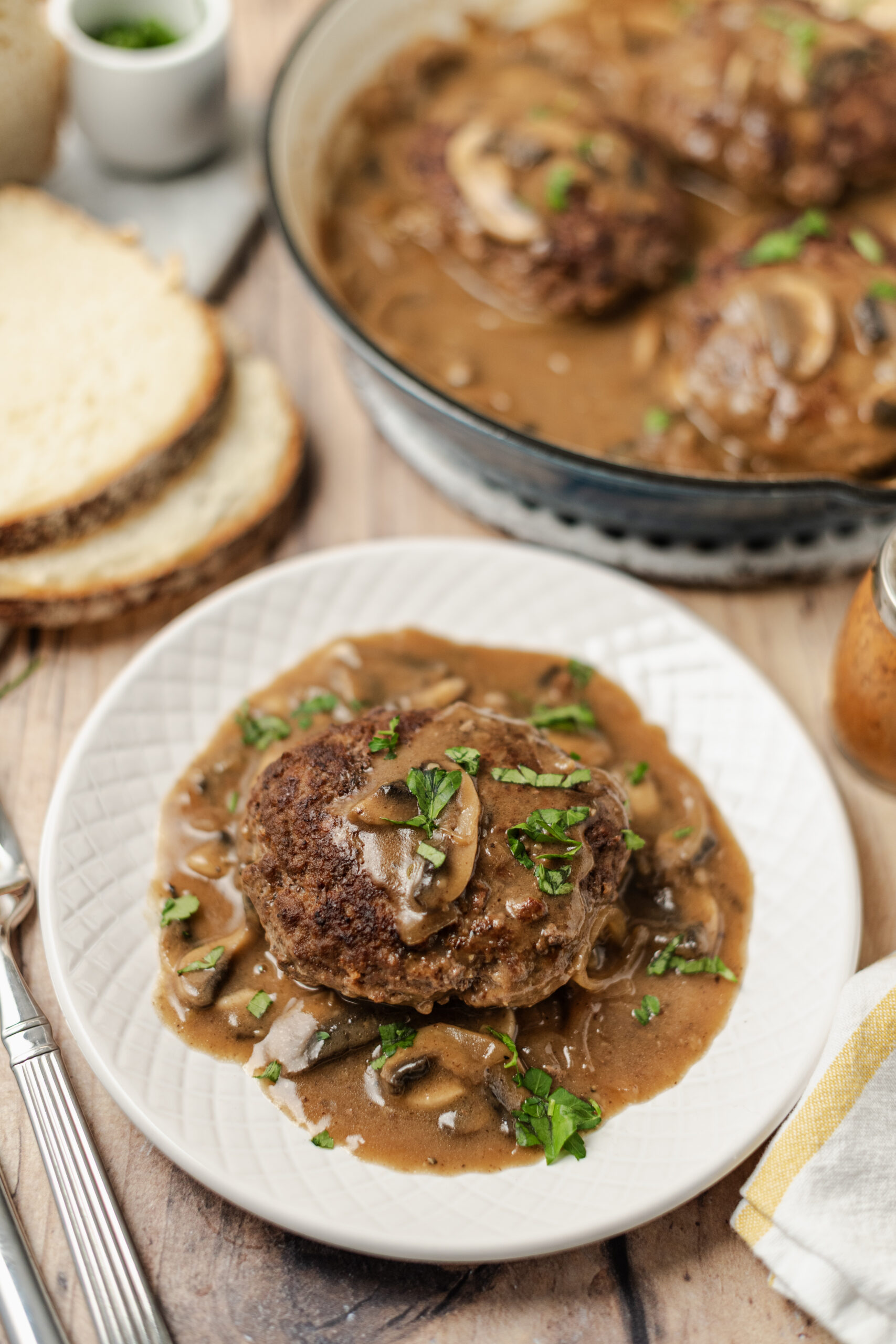 Salisbury Steak Recipe in a plate close up shot