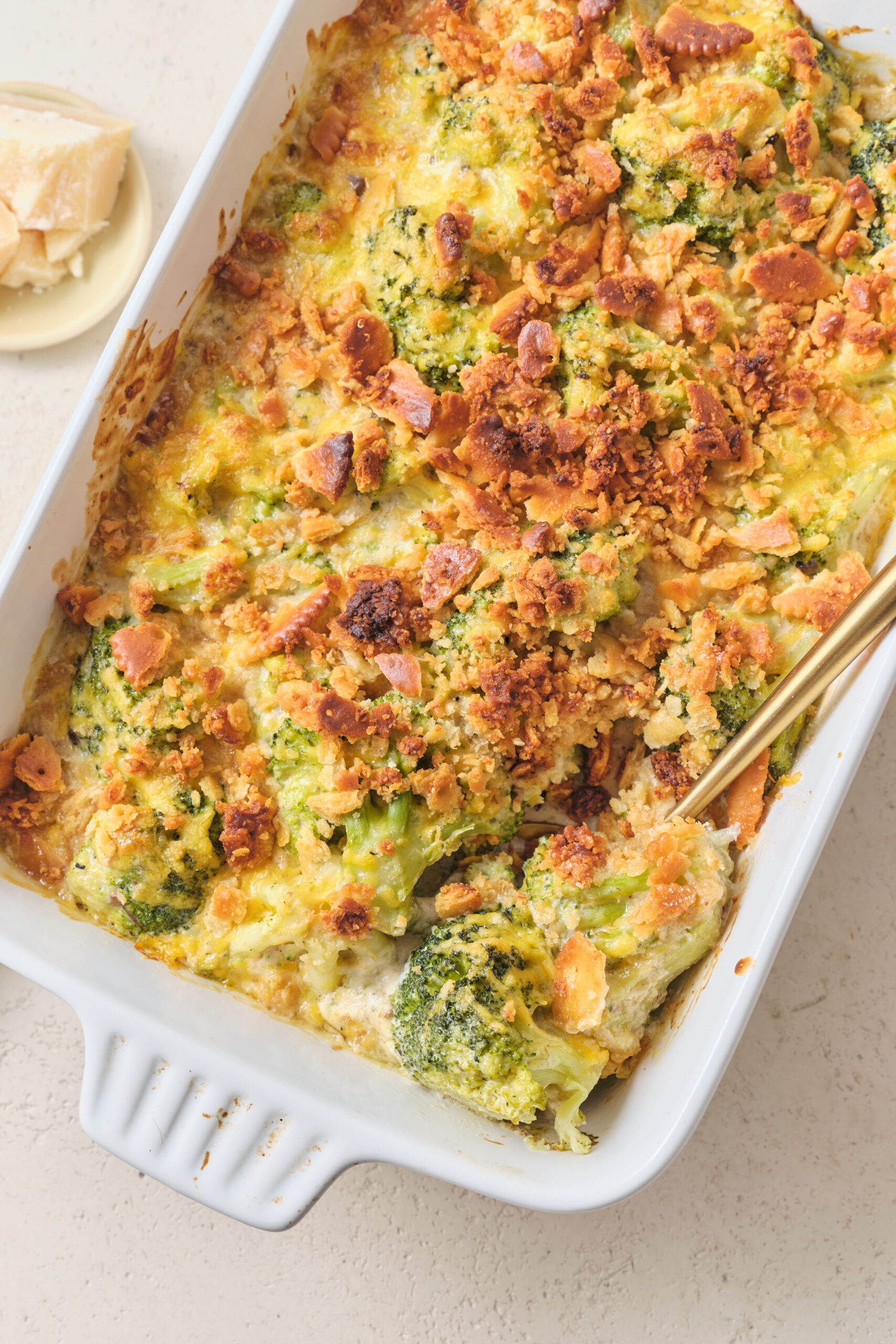 Broccoli Casserole With Ritz Crackers on a baking dish shot from above