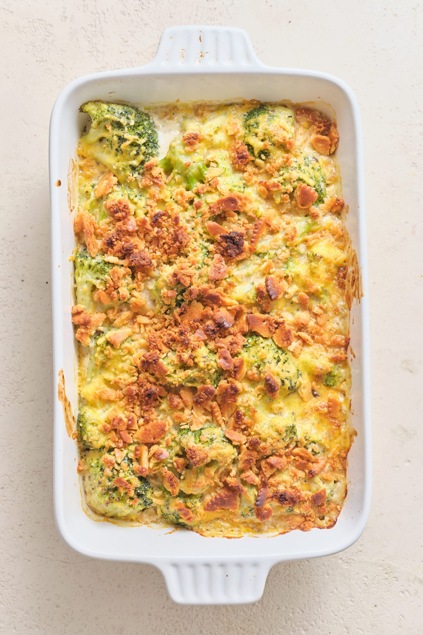 Broccoli Casserole With Ritz Crackers on a baking dish shot from above