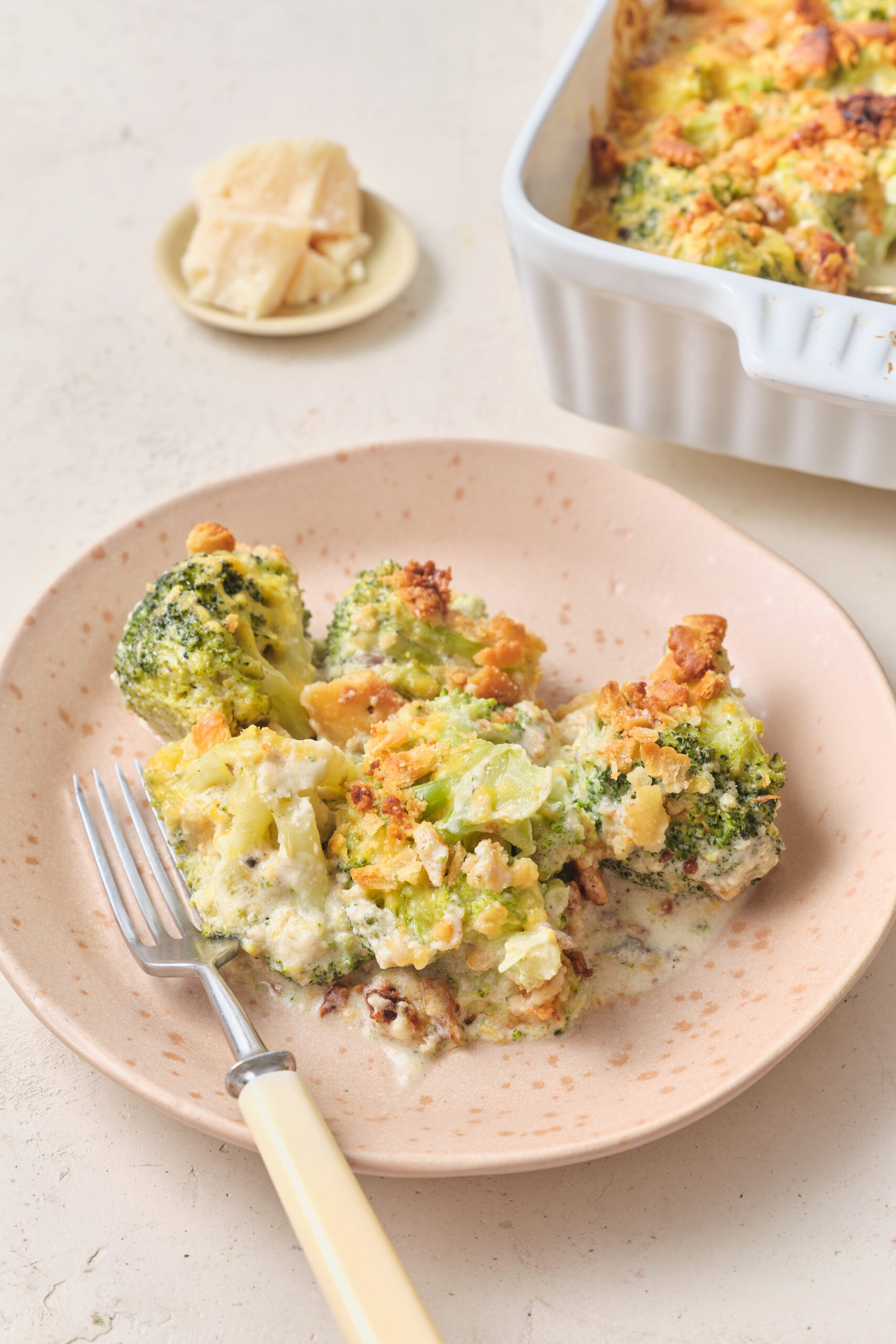 Broccoli Casserole With Ritz Crackers on a plate diagonal shot