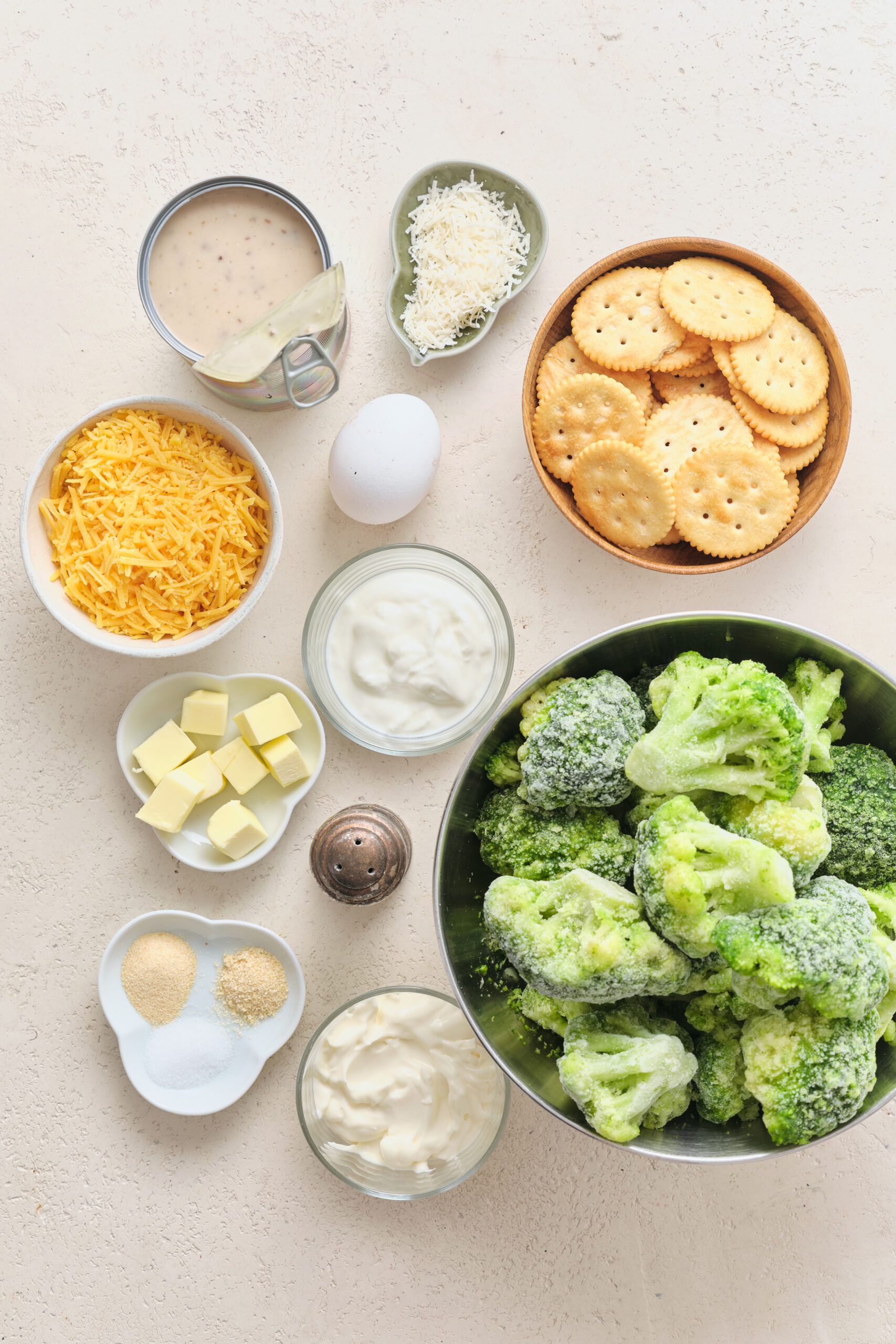 Broccoli Casserole With Ritz Crackers with ingredients shot from above