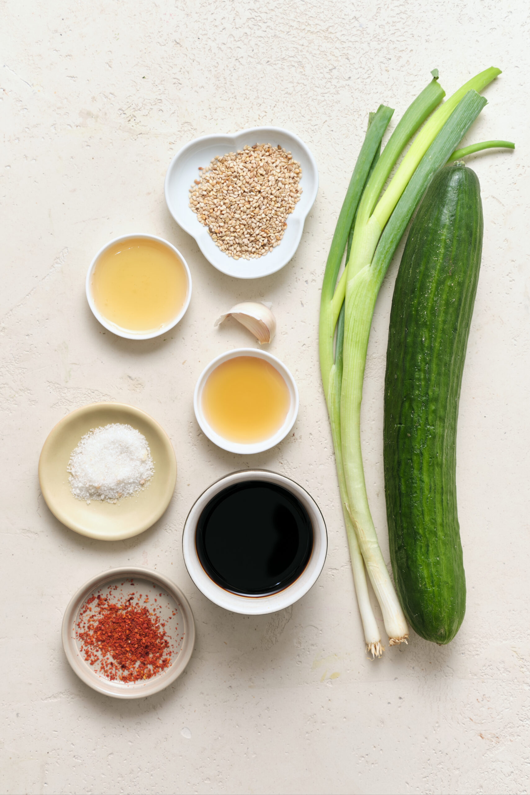 Viral TikTok Cucumber Salad ingredients shot from above